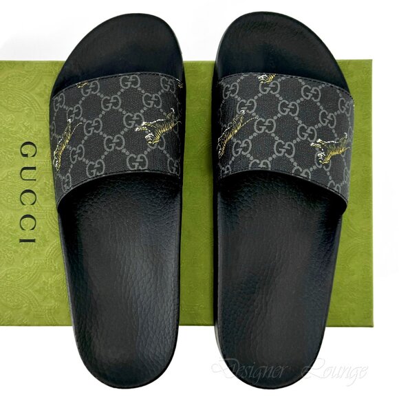 NEW GUCCI Men's GG Supreme Tiger Print Black Slides Sandals 9 G / US 9.5 Authen - Picture 11 of 11